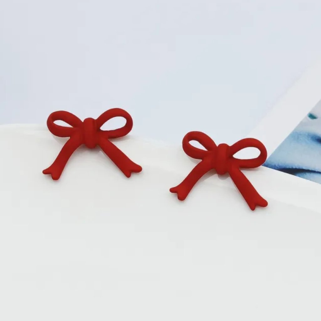 Festive Three Dimensional Red Bow Stud Earrings New